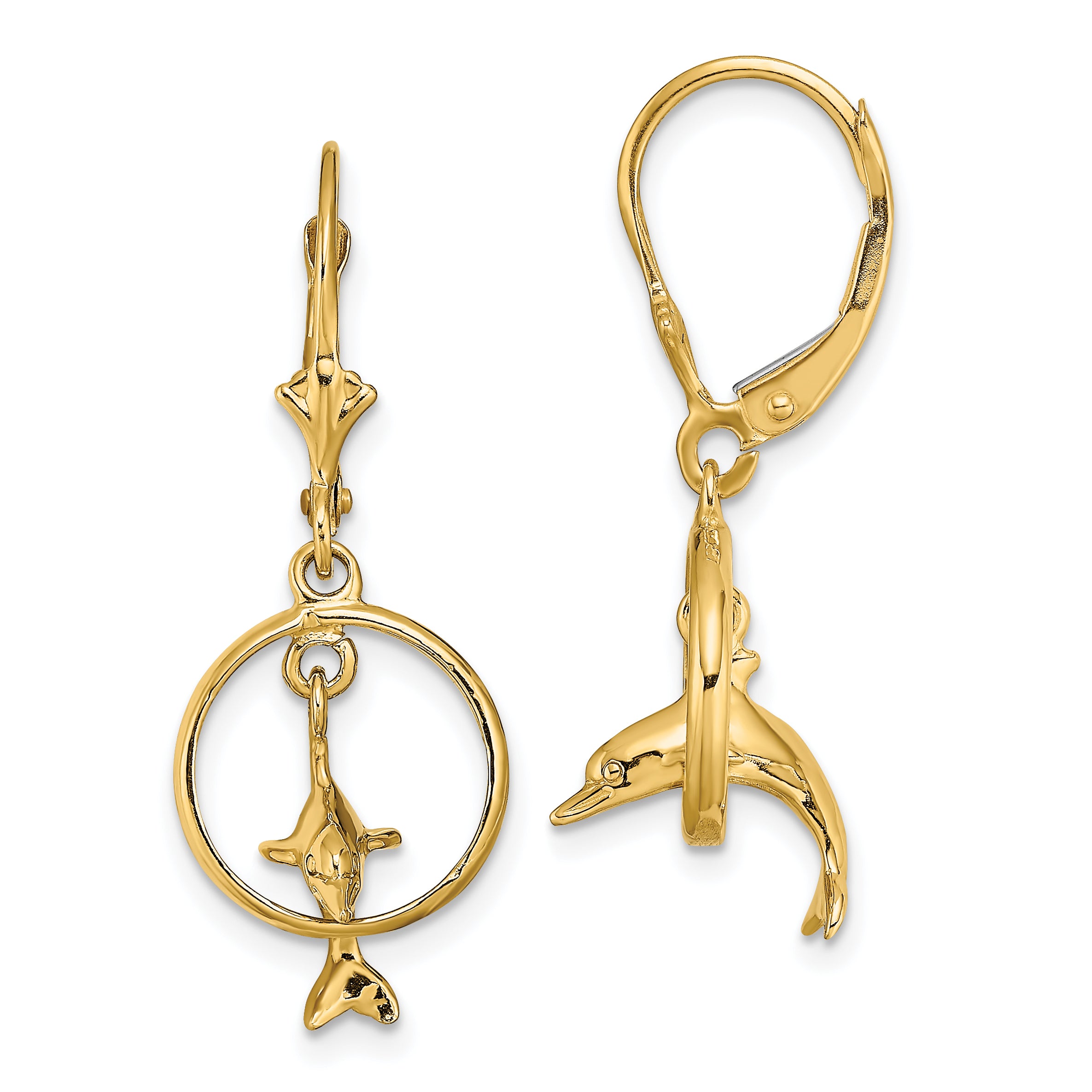 14K 3-D Dolphin Jumping Through Hoop Leverback Earrings