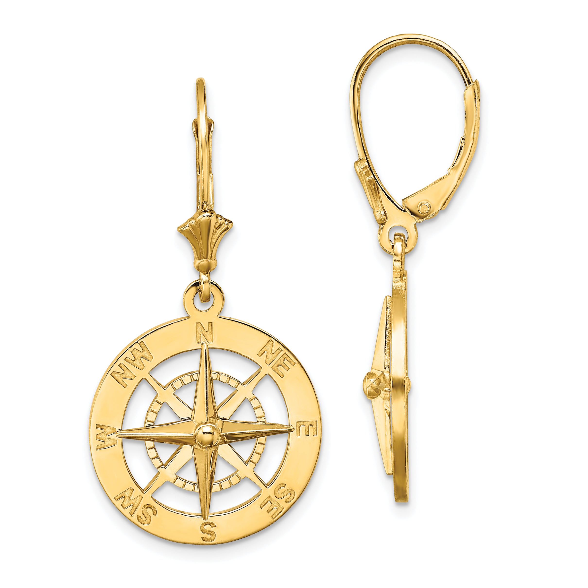 14K Nautical Compass Leverback Earrings