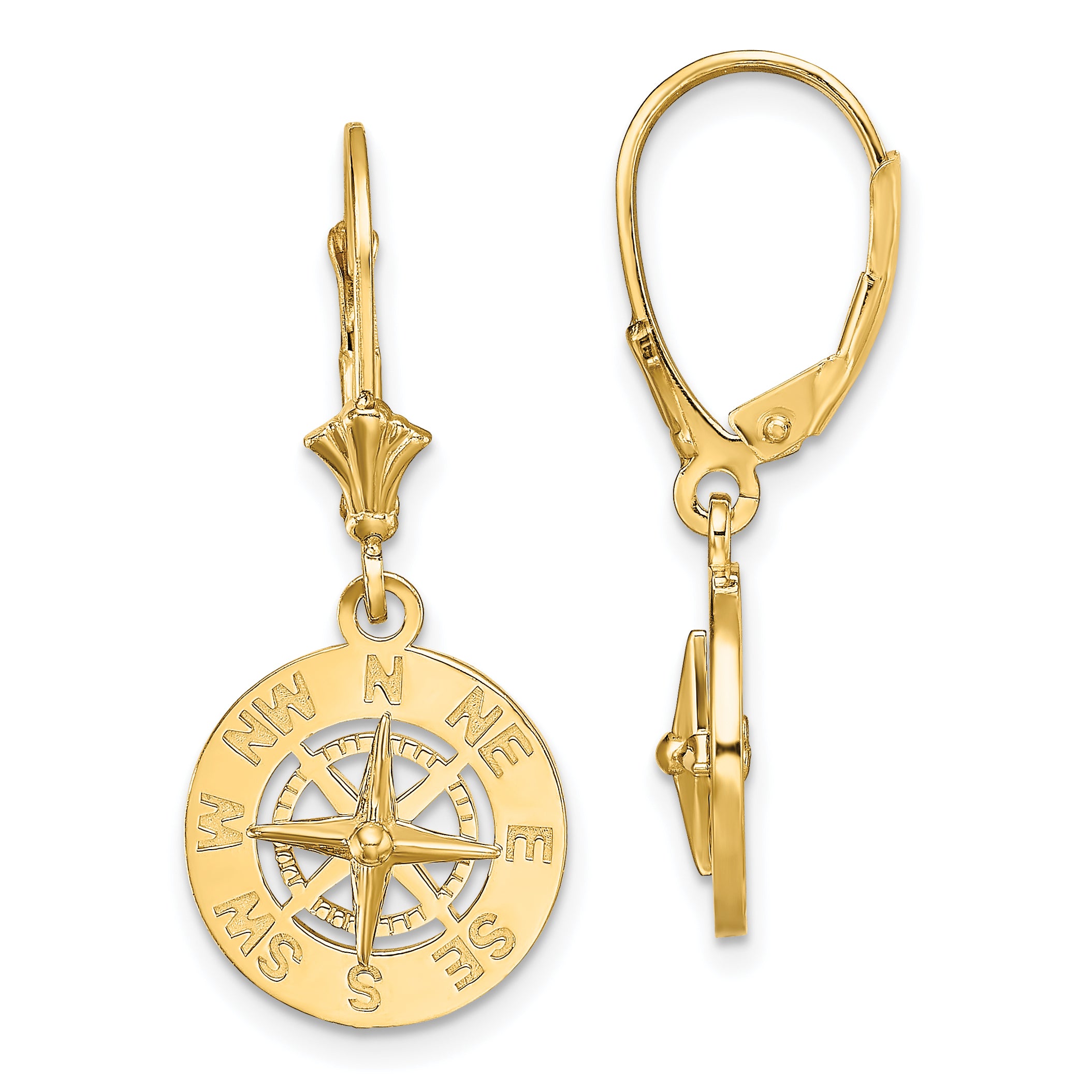 14K Mini Nautical Compass Leverback Earrings