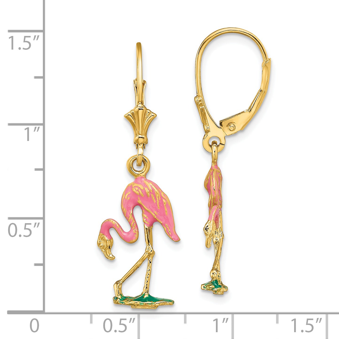 14K W/ Enamel 3-D Flamingo Leverback Earrings