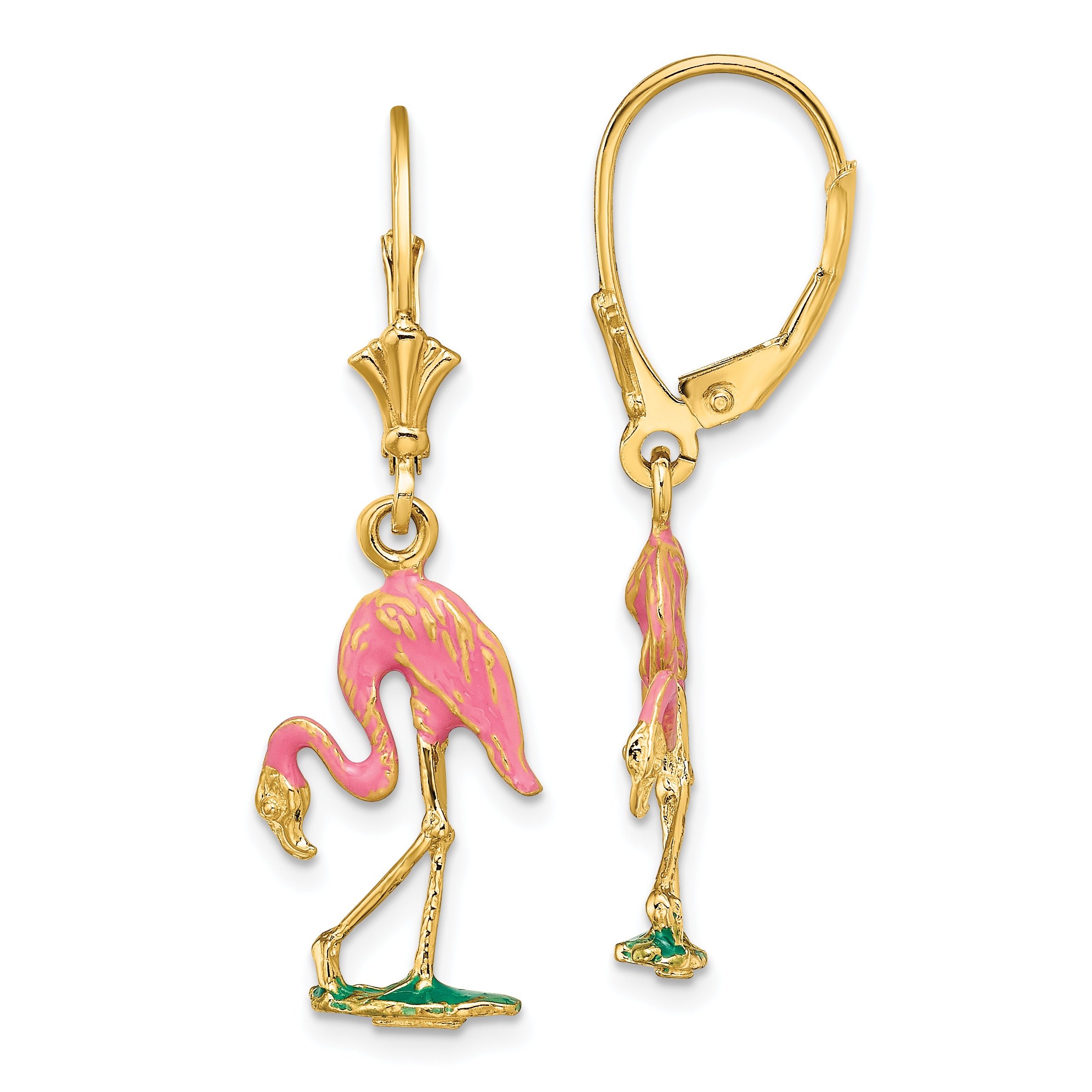 14K W/ Enamel 3-D Flamingo Leverback Earrings