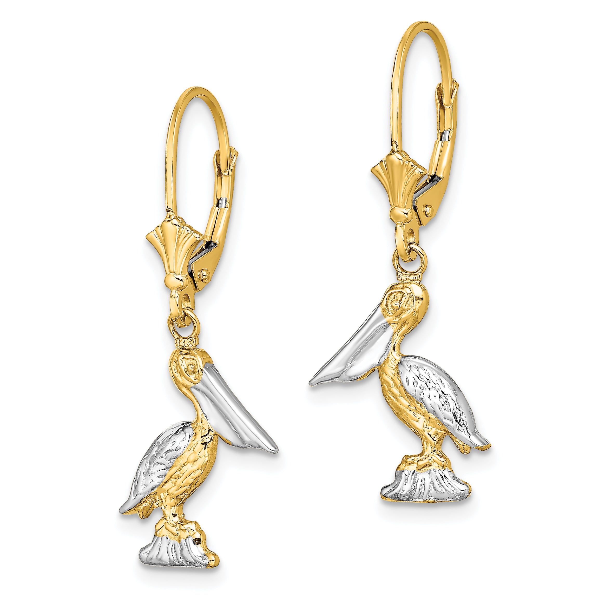 14K and Rhodium 3-D Pelican Standing W/ Leverback Earrings