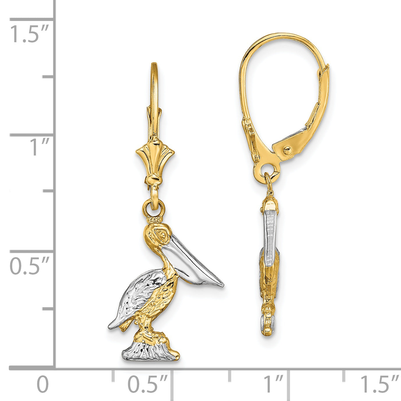 14K and Rhodium 3-D Pelican Standing W/ Leverback Earrings