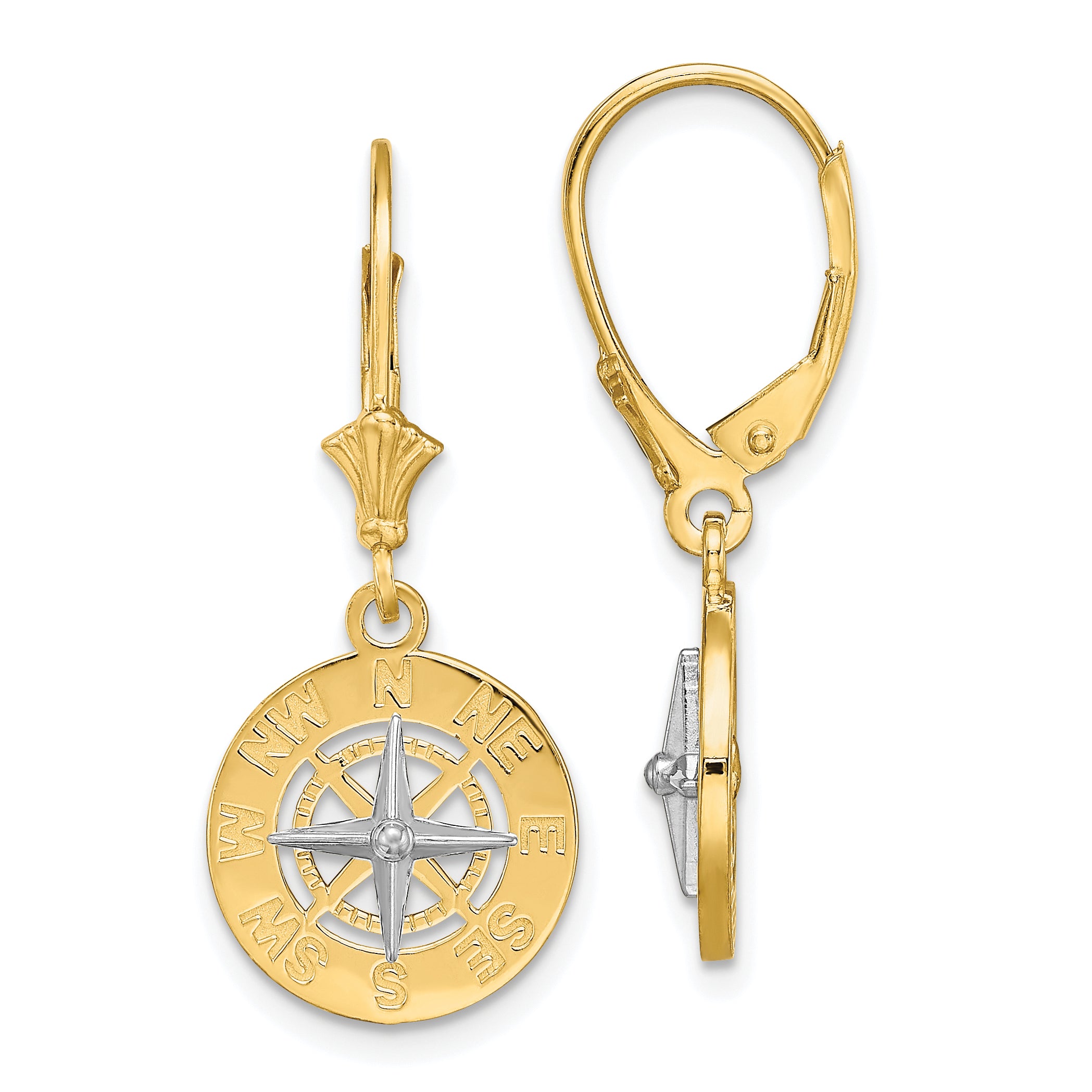 14K W/ Rhodium Mini Nautical Compass Leveback Earrings