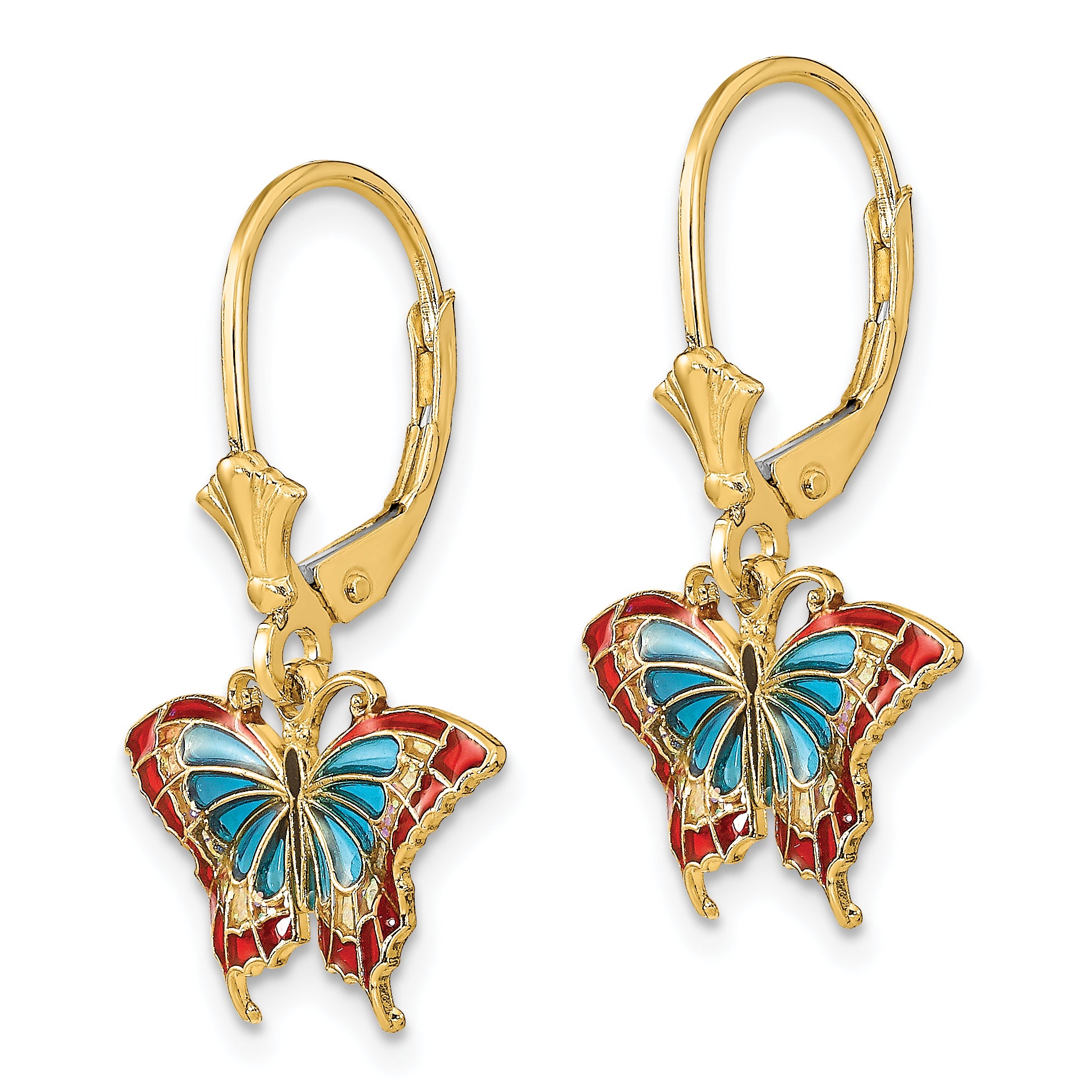 14k w/Blue and Red Enameled Wings Butterfly Leverback Earrings