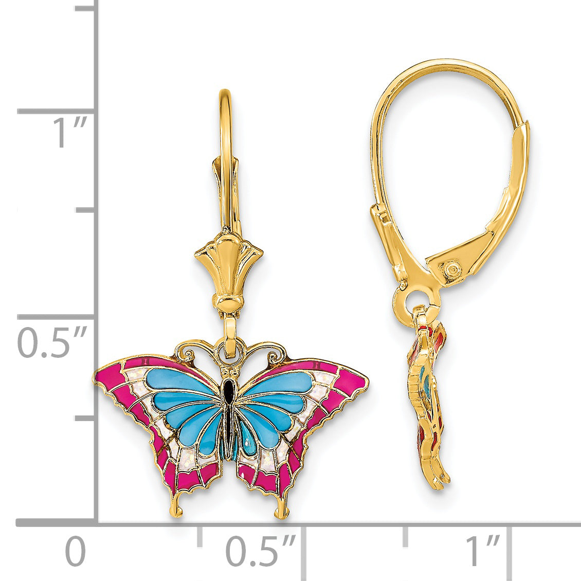 14k w/Blue and Red Enameled Wings Butterfly Leverback Earrings