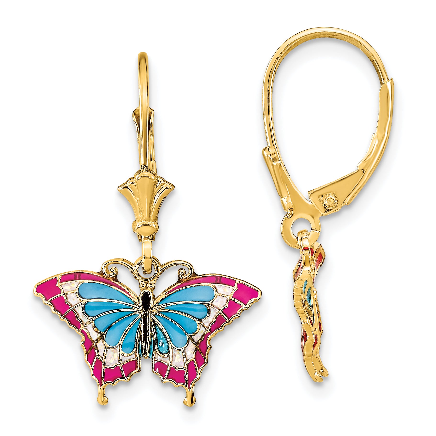 14k w/Blue and Red Enameled Wings Butterfly Leverback Earrings