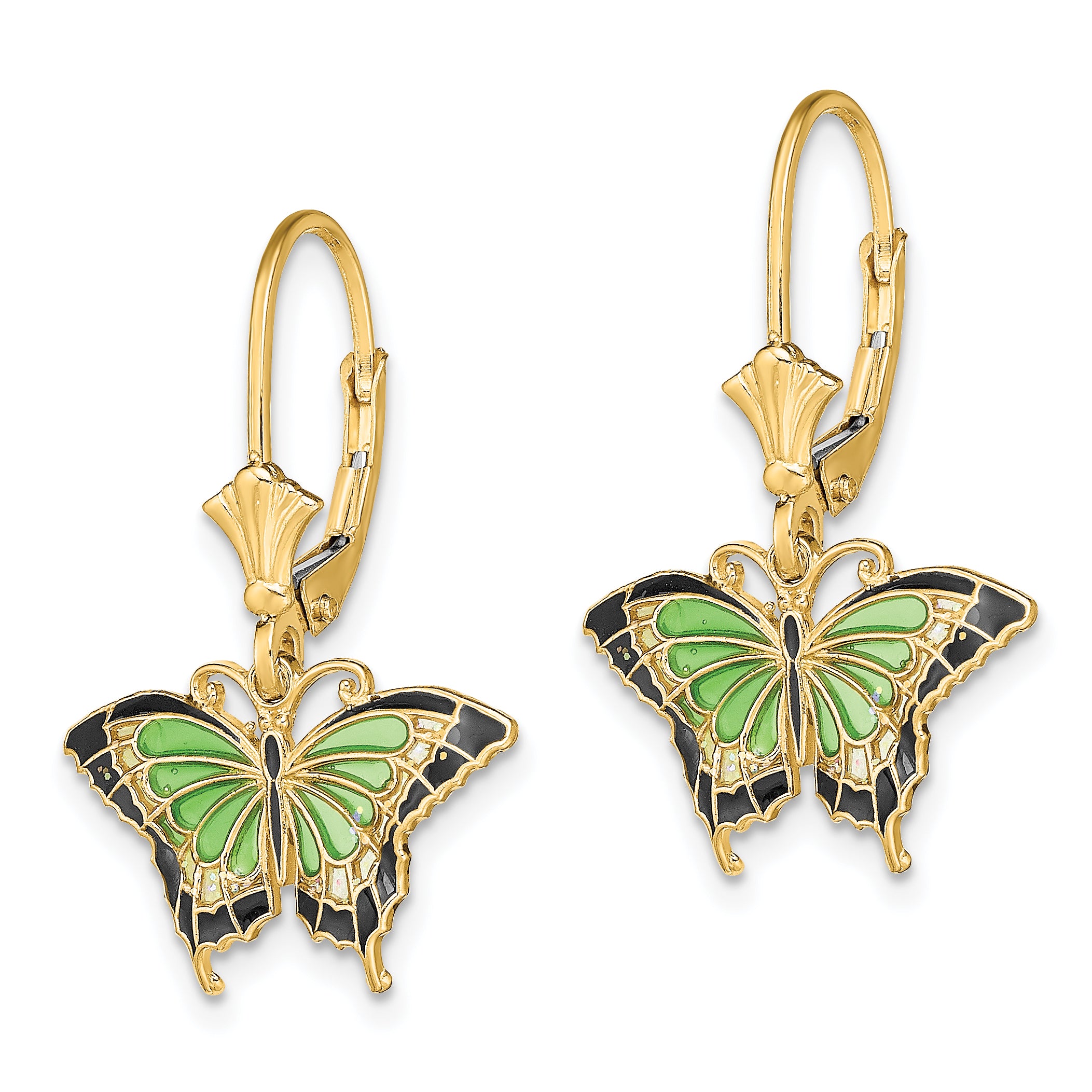 14K Butterfly w/ Green Enameled Wings Leverback Earrings