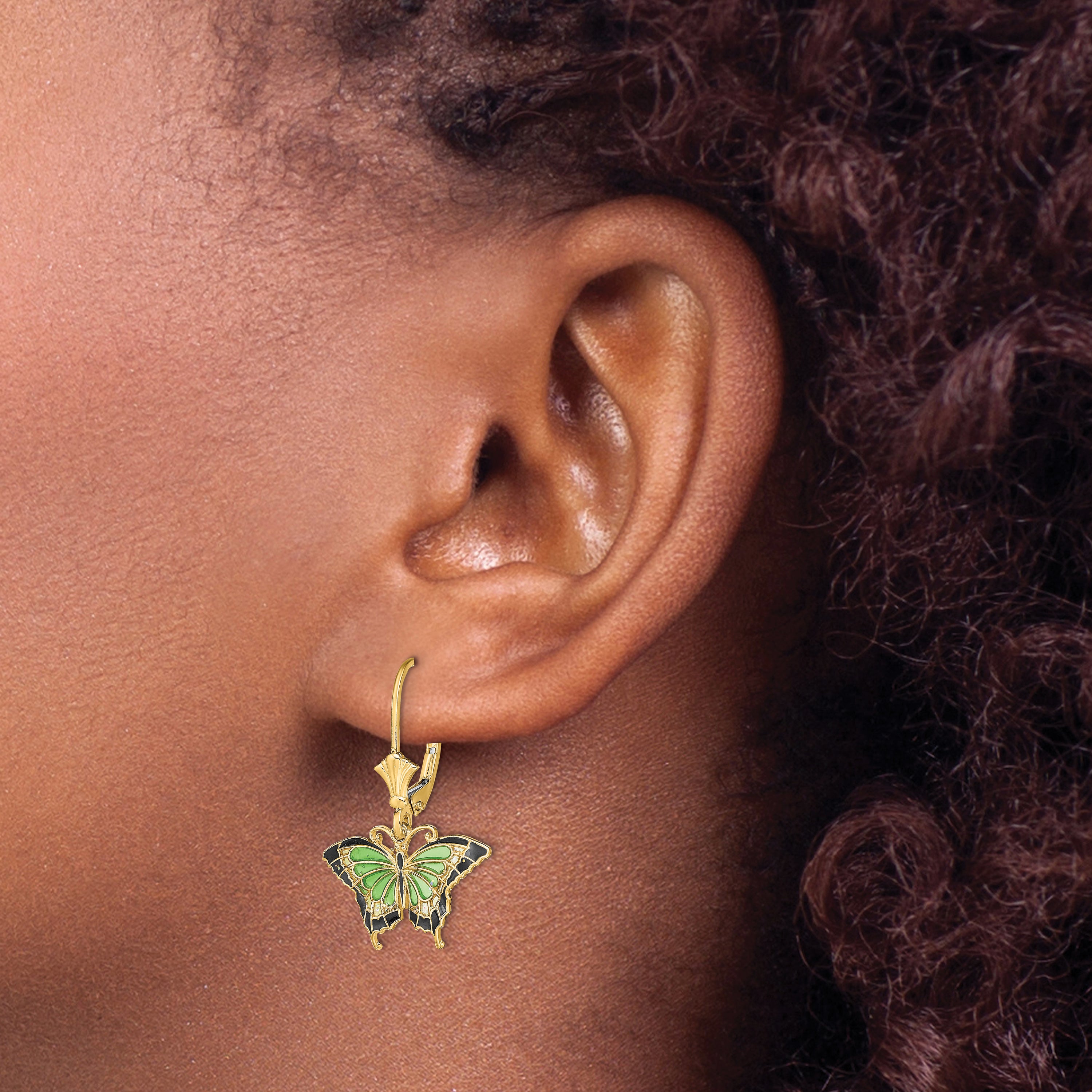 14K Butterfly w/ Green Enameled Wings Leverback Earrings