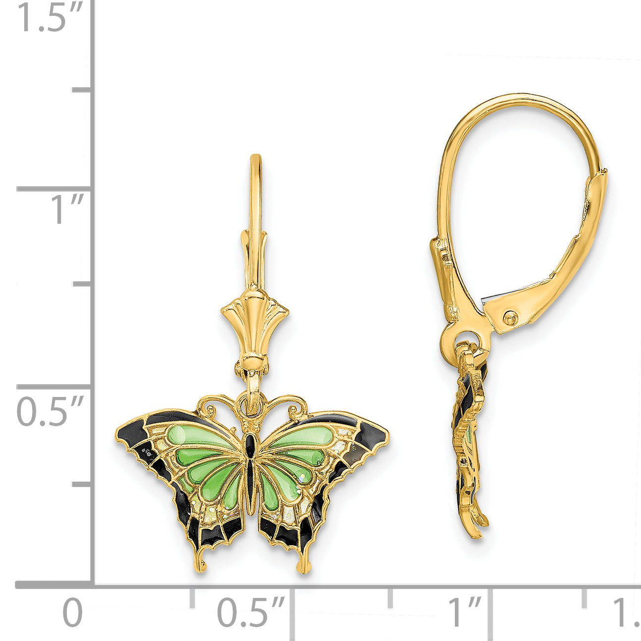 14K Butterfly w/ Green Enameled Wings Leverback Earrings