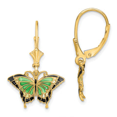 14K Butterfly w/ Green Enameled Wings Leverback Earrings