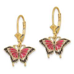 14K Pink Enameled Butterfly Leverback Earrings