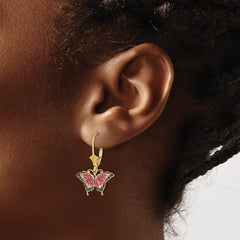 14K Pink Enameled Butterfly Leverback Earrings