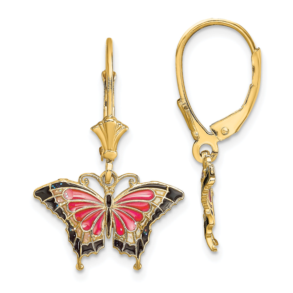 14K Pink Enameled Butterfly Leverback Earrings