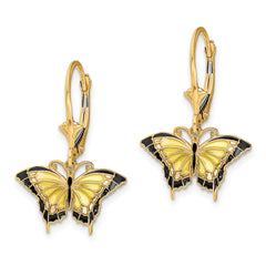 14K Butterfly w/ Yellow Enameled Wings Leverback Earrings