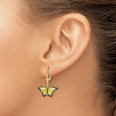 14K Butterfly w/ Yellow Enameled Wings Leverback Earrings