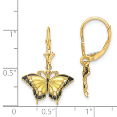 14K Butterfly w/ Yellow Enameled Wings Leverback Earrings