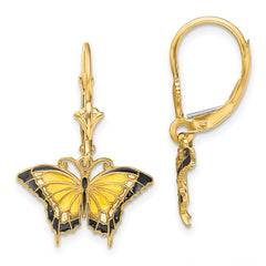 14K Butterfly w/ Yellow Enameled Wings Leverback Earrings