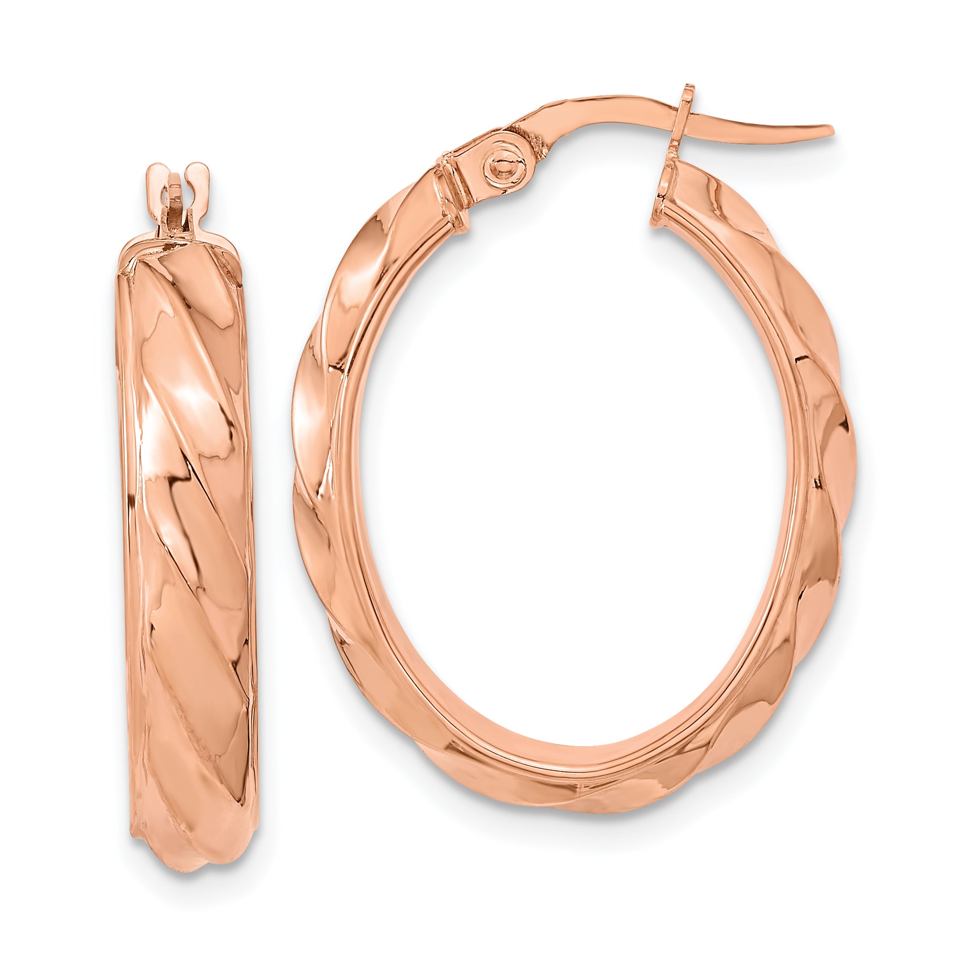 14K Rose Polished and Twisted Oval Hoop Earrings