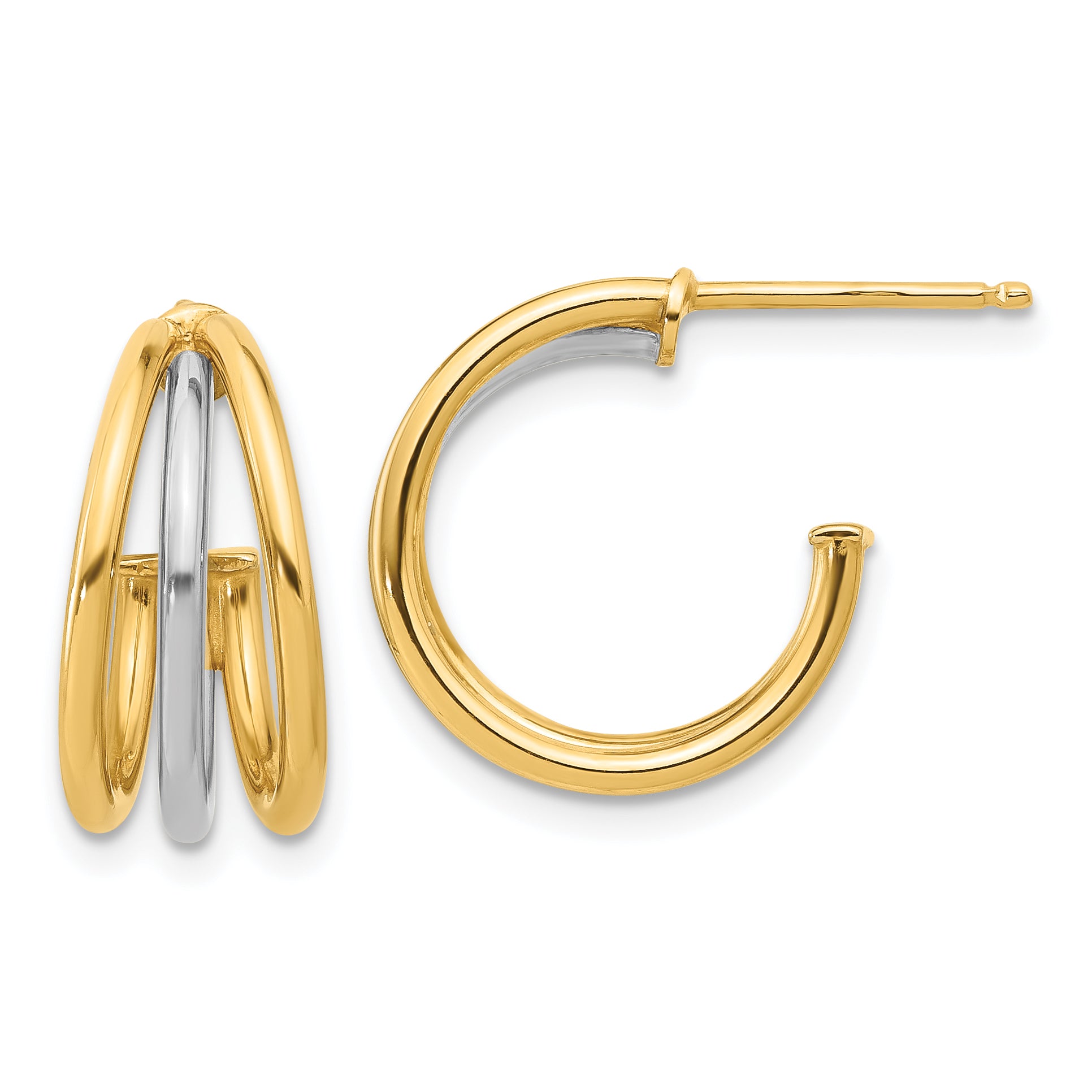 14K Two-tone Polished Multi Row Hoop Post Earrings