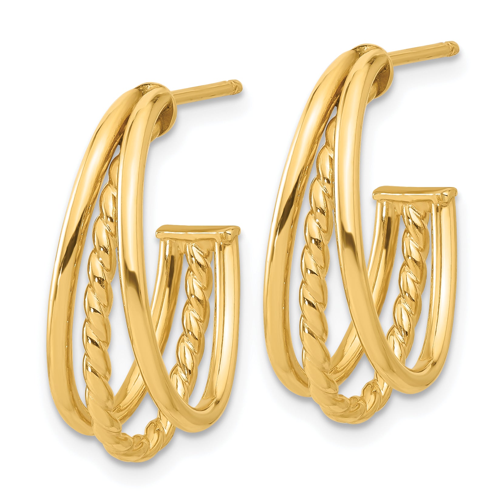 14K Polished and Twist Oval Multi Row J-Hoop Post Earrings