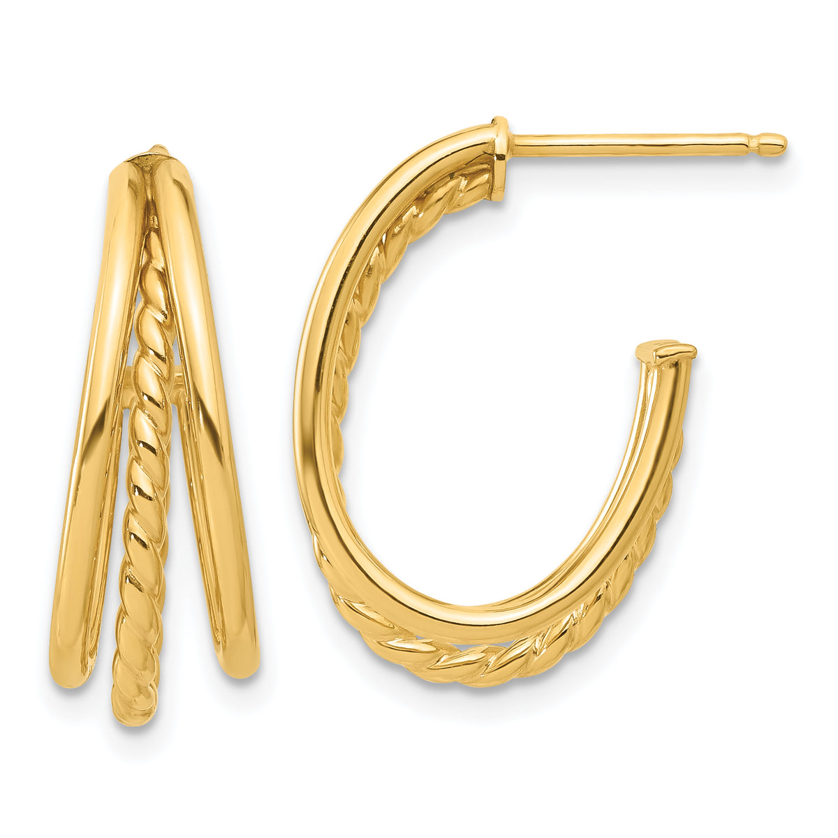 14K Polished and Twist Oval Multi Row J-Hoop Post Earrings