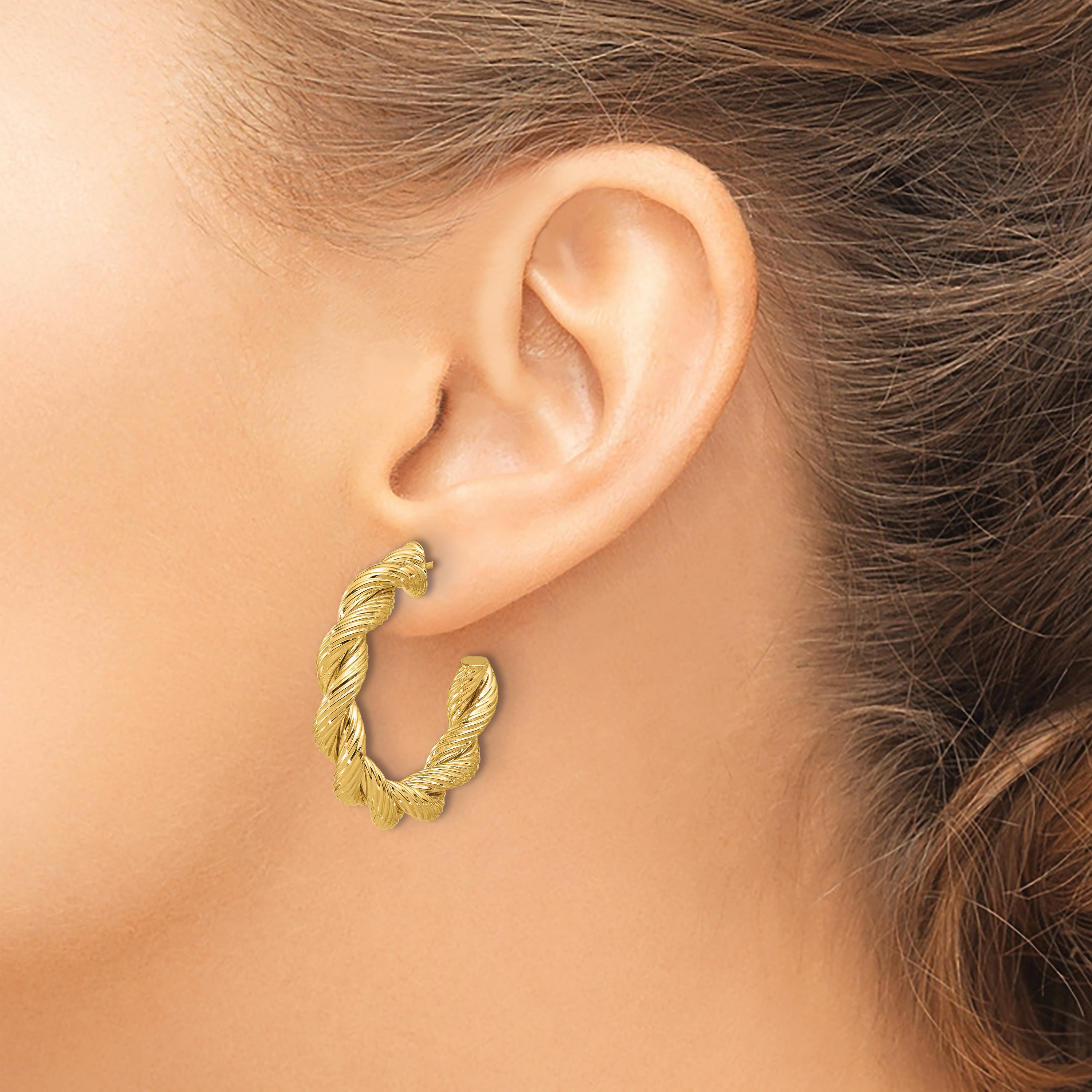 14K Polished and Textured Twisted Post Hoop Earrings