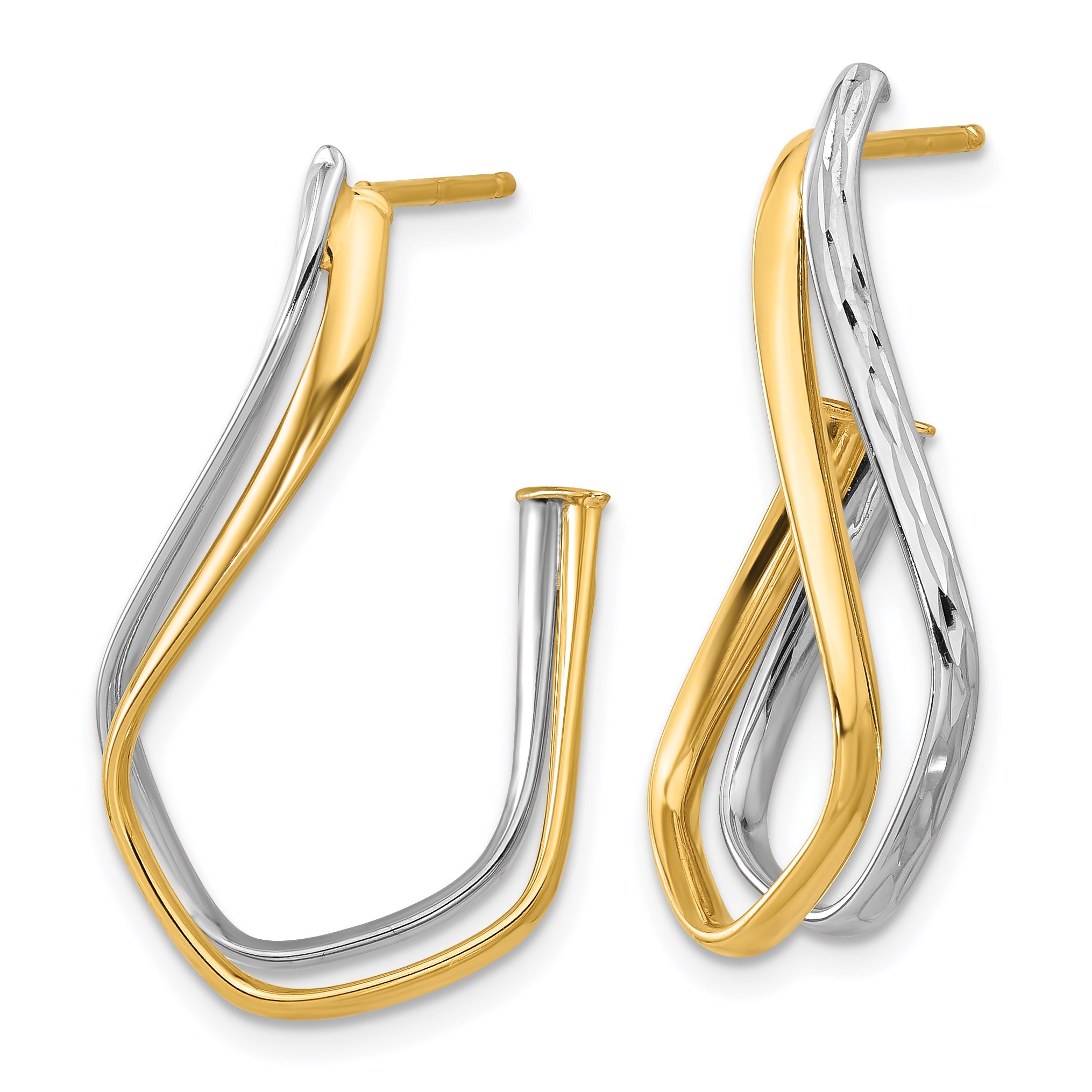 14K Two-tone Polished Diamond-cut Twisted J-Hoop Post Earrings