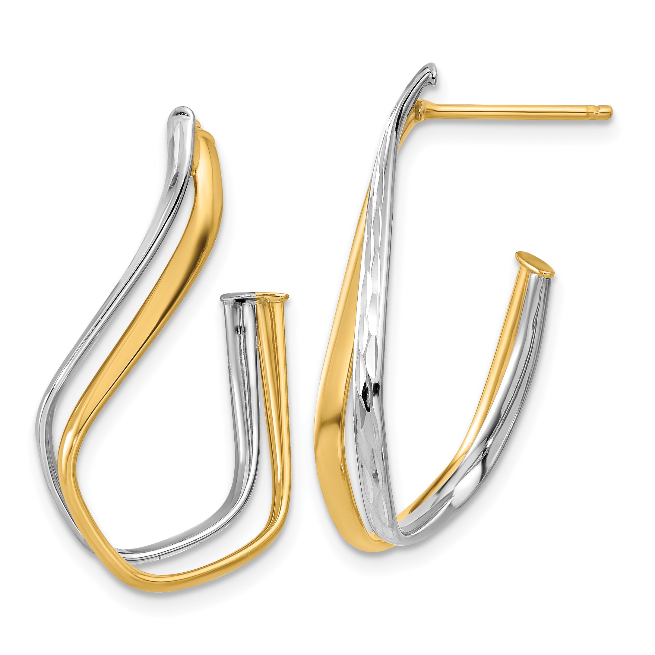 14K Two-tone Polished Diamond-cut Twisted J-Hoop Post Earrings