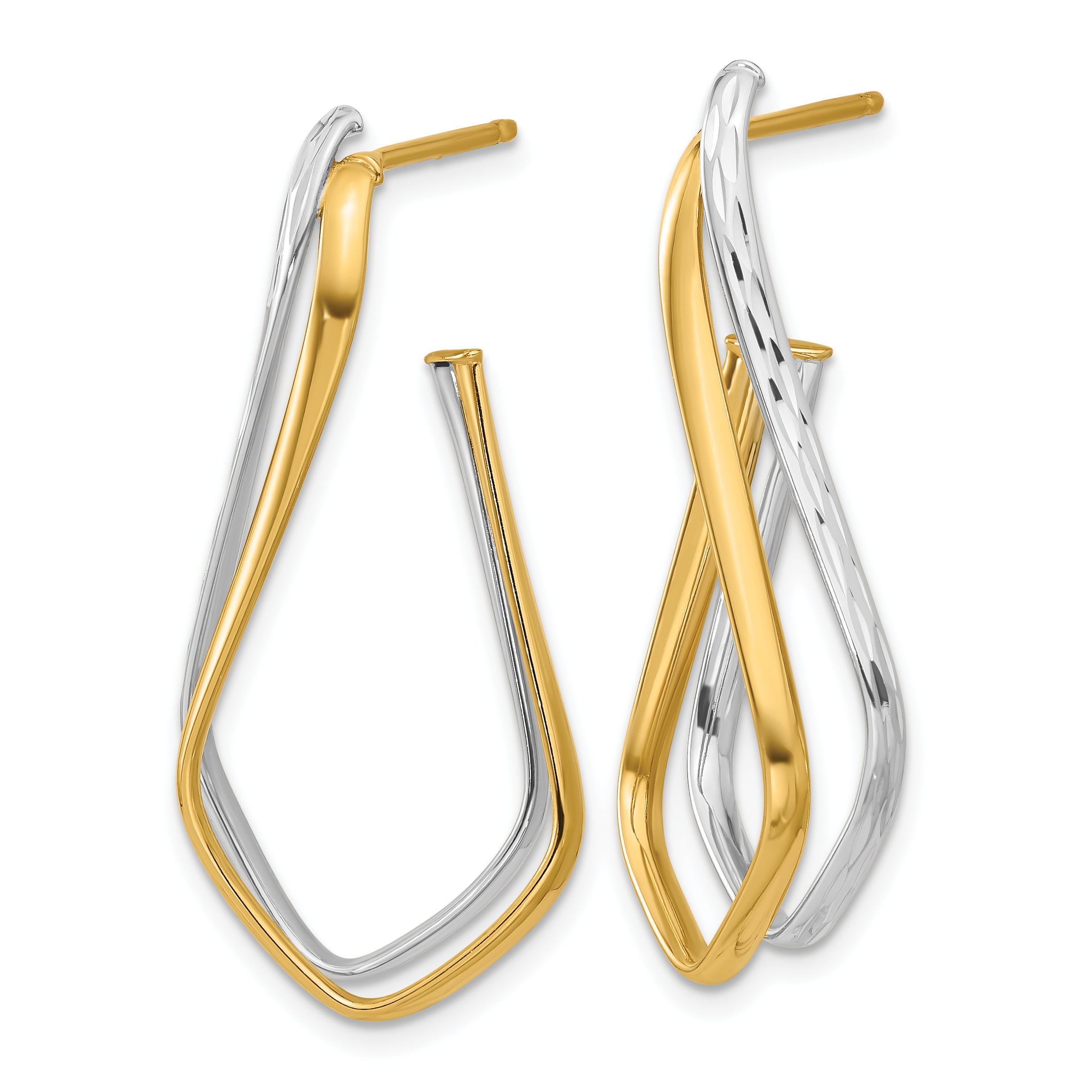 14K Two-tone Polished Diamond-cut Twisted J-Hoop Post Earrings