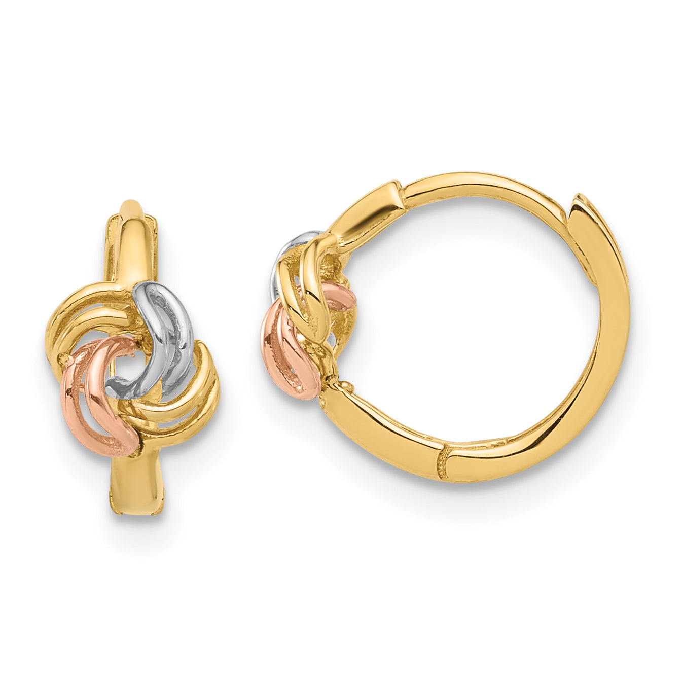 14K Two-tone w/White Rhodium Love Knot Hinged Huggie Hoop Earrings