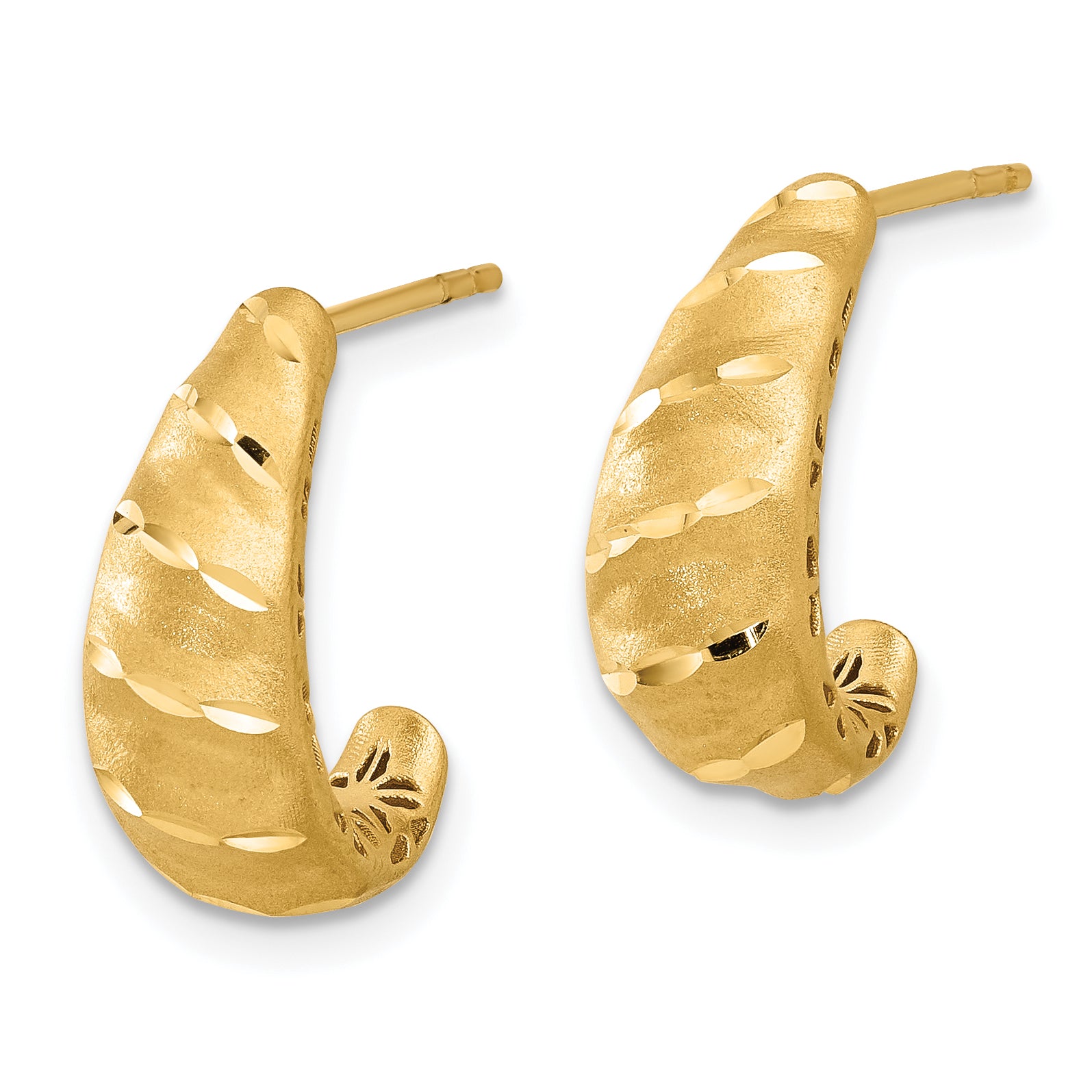 14K Satin and Diamond-cut J-Hoop Earrings