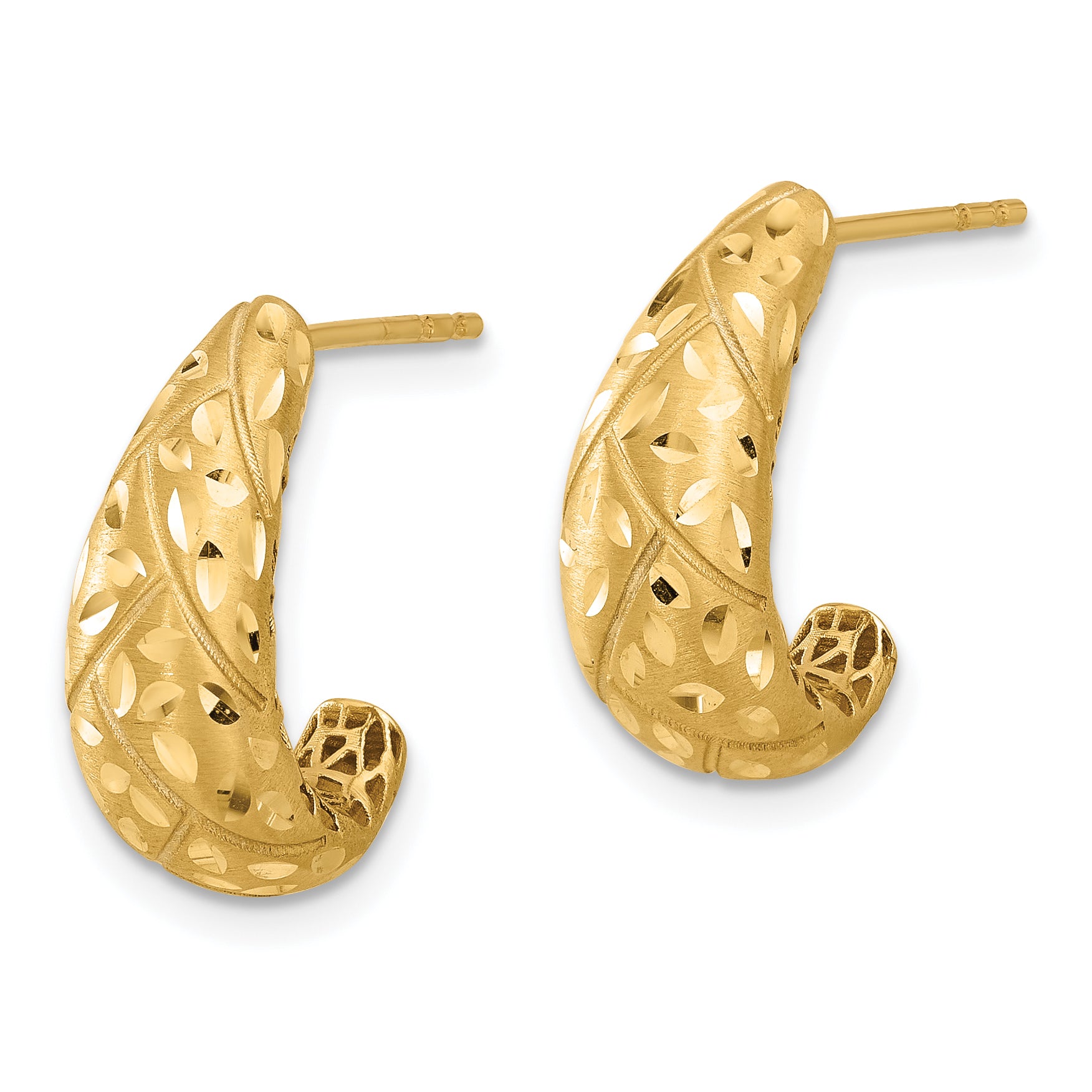 14K Polished Satin and Diamond-cut J-Hoop Earrings