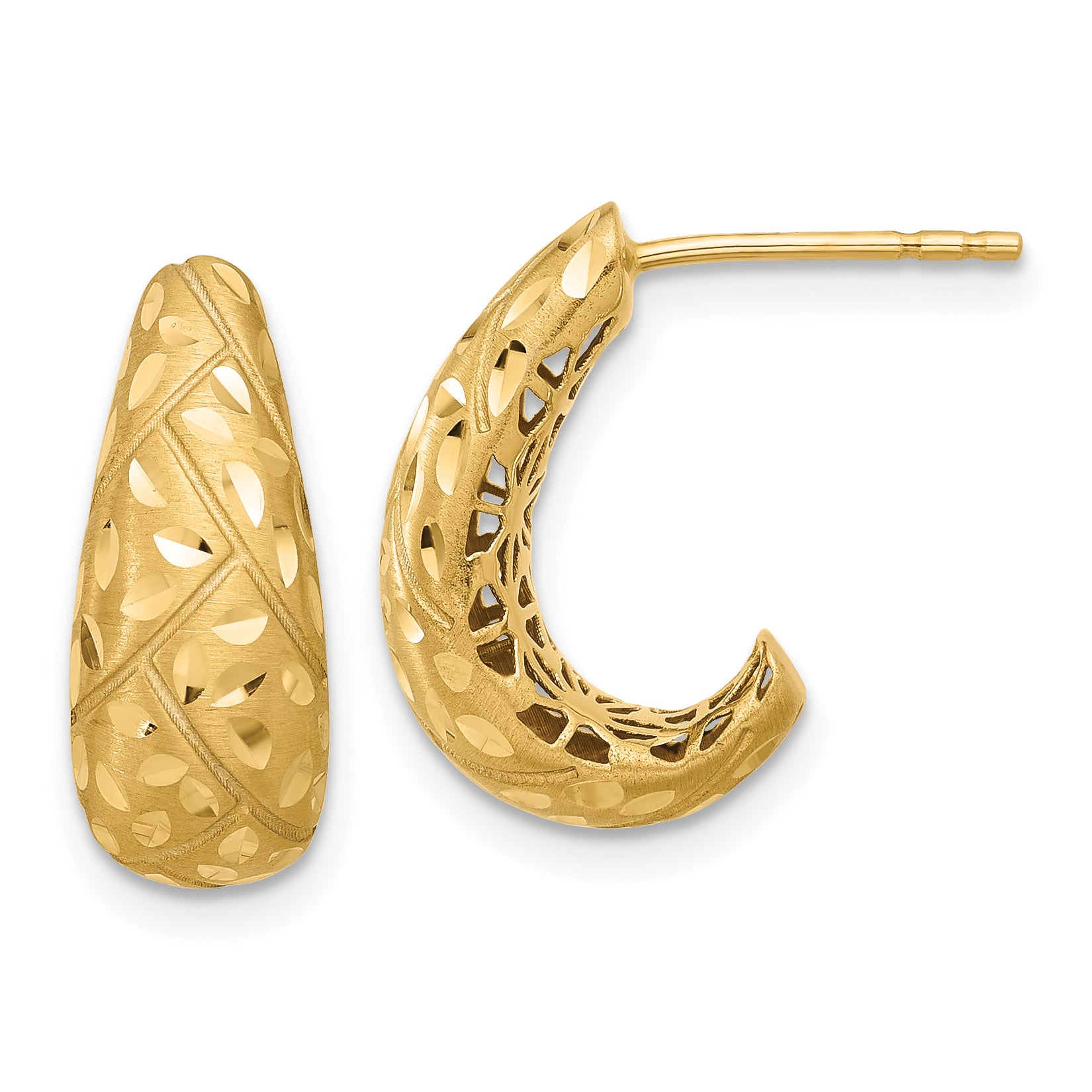 14K Polished Satin and Diamond-cut J-Hoop Earrings