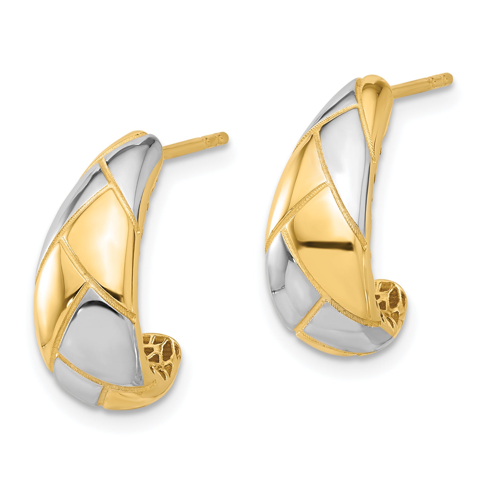 14K with White Rhodium Polished and Etched J-Hoop Post Earrings