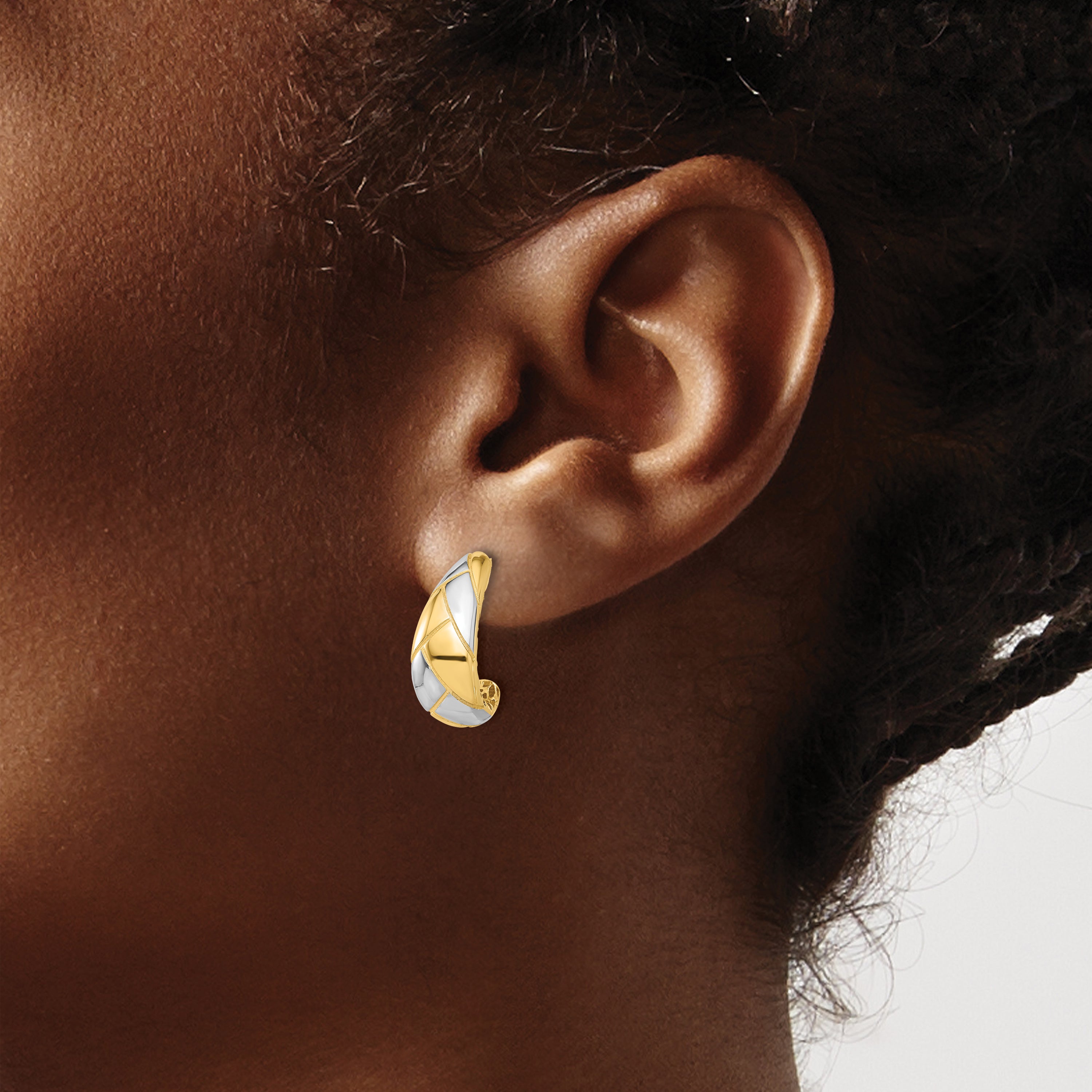 14K with White Rhodium Polished and Etched J-Hoop Post Earrings