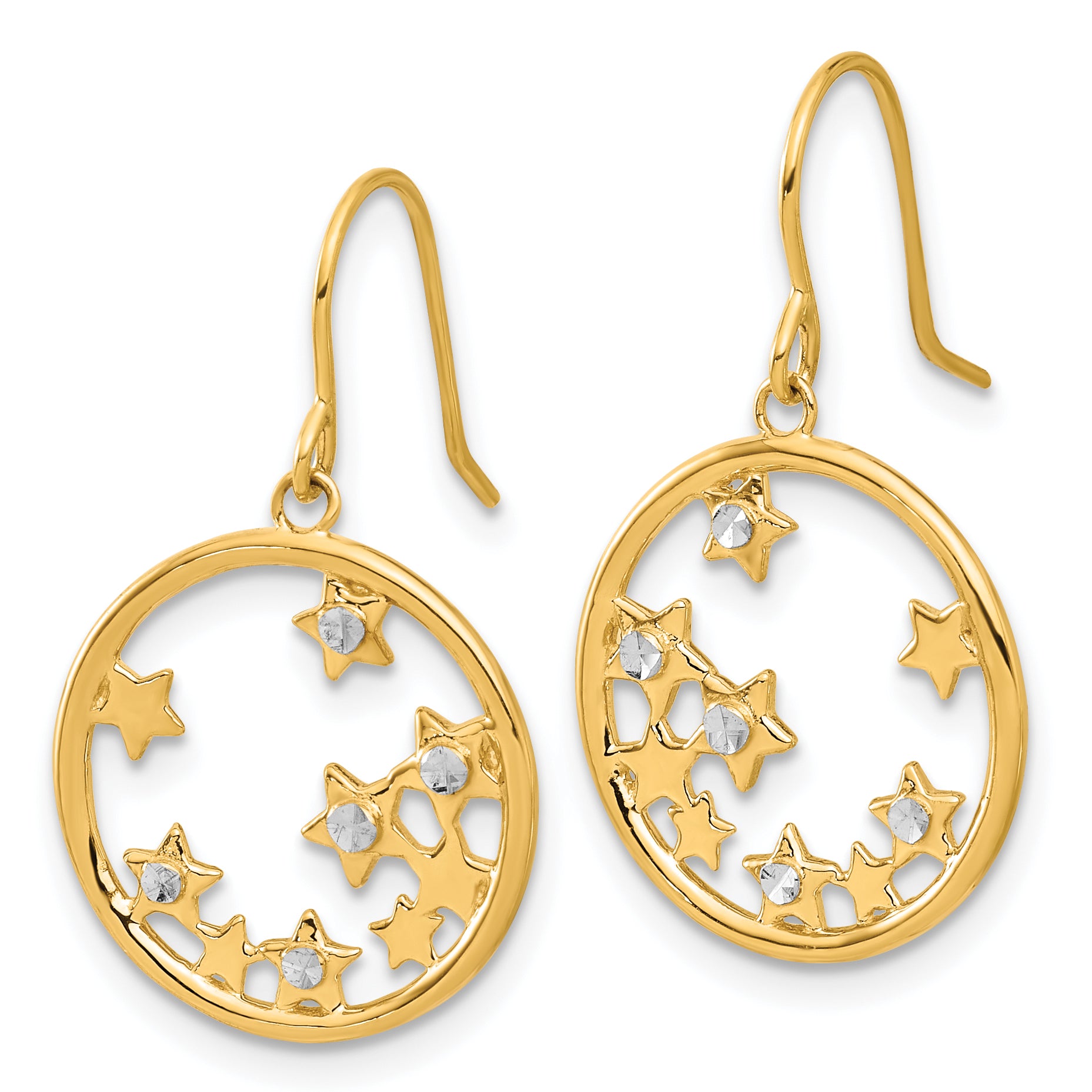 14k and White Rhodium D/C Stars in Circle Dangle Earrings