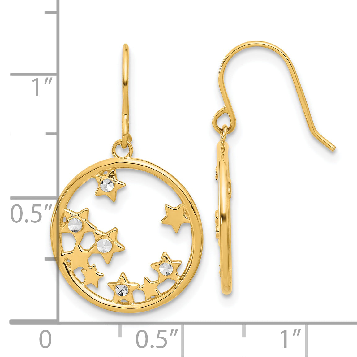 14k and White Rhodium D/C Stars in Circle Dangle Earrings