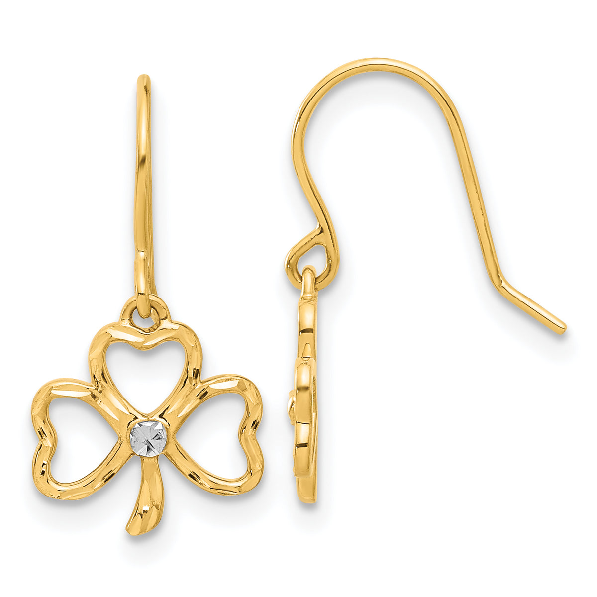 14k and White Rhodium D/C Clover Dangle Earrings