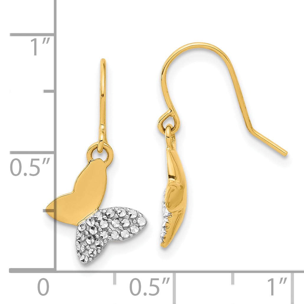 14k and White Rhodium D/C Butterfly Dangle Earrings