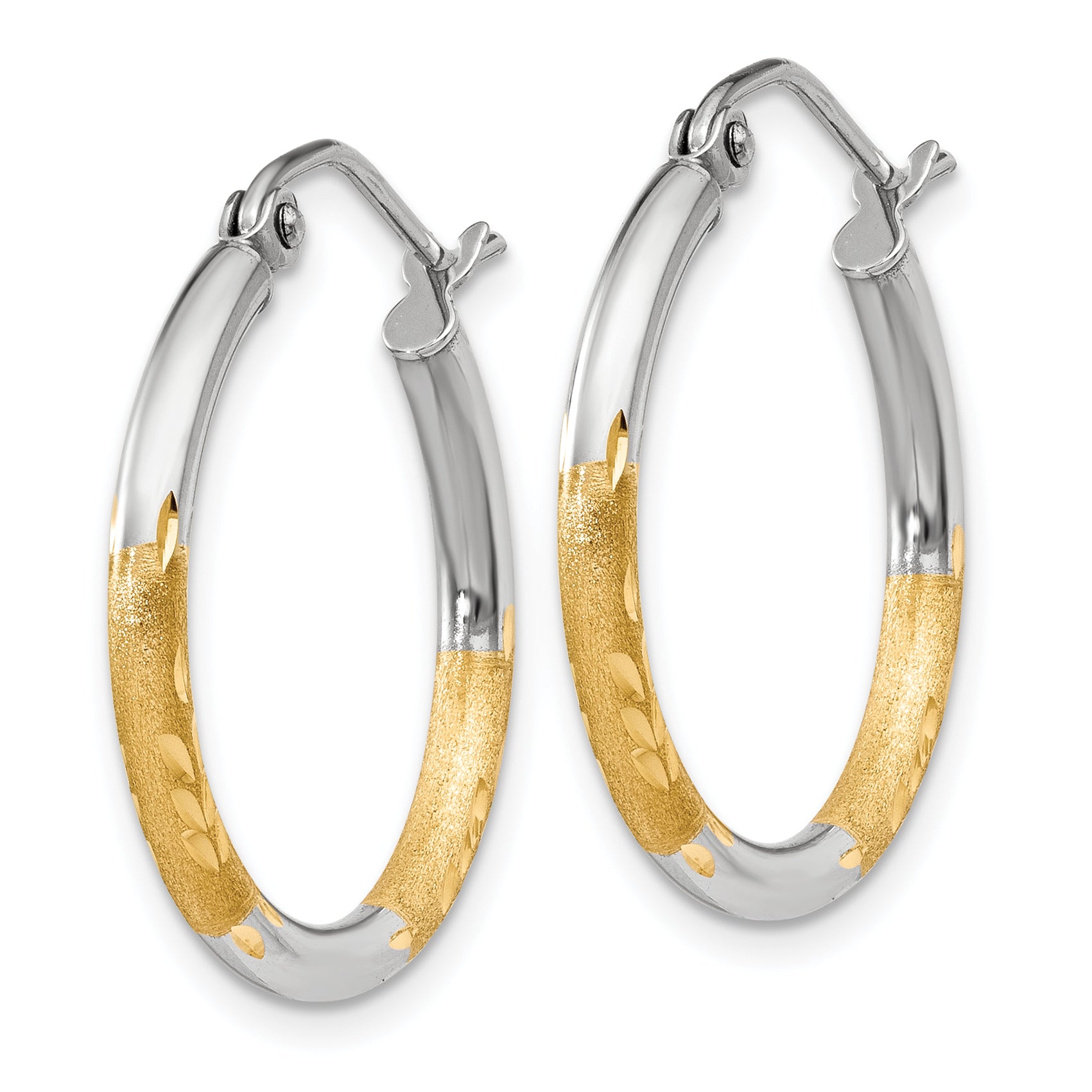 14k w/White Rhodium 2mm Satin and Polished Diamond-cut Hoop Earrings