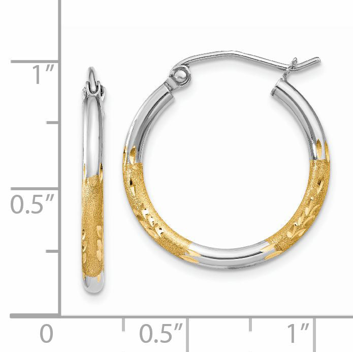 14k w/White Rhodium 2mm Satin and Polished Diamond-cut Hoop Earrings