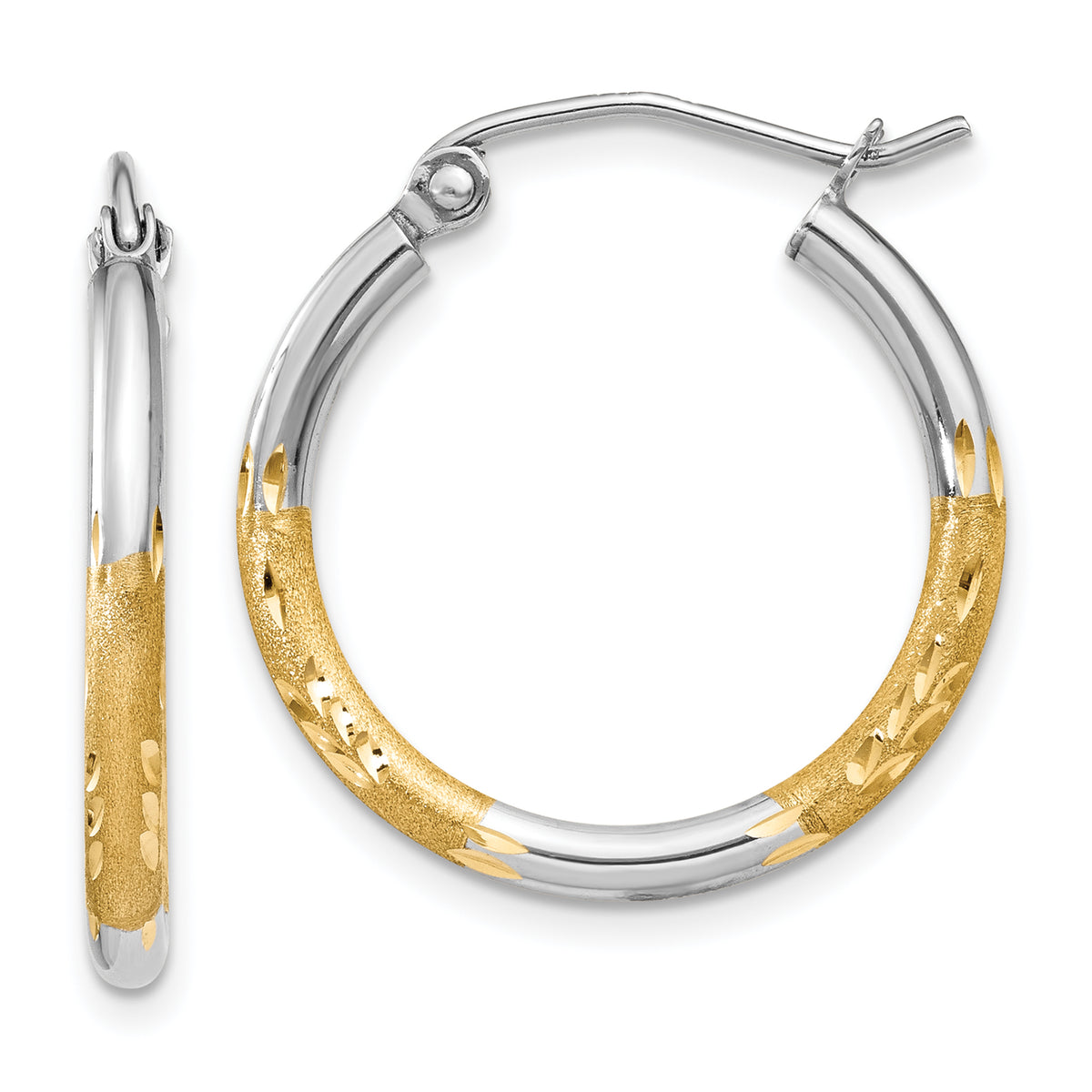 14k w/White Rhodium 2mm Satin and Polished Diamond-cut Hoop Earrings