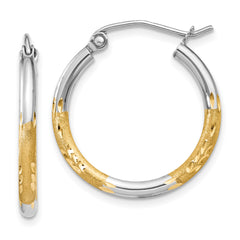 14k w/White Rhodium 2mm Satin and Polished Diamond-cut Hoop Earrings