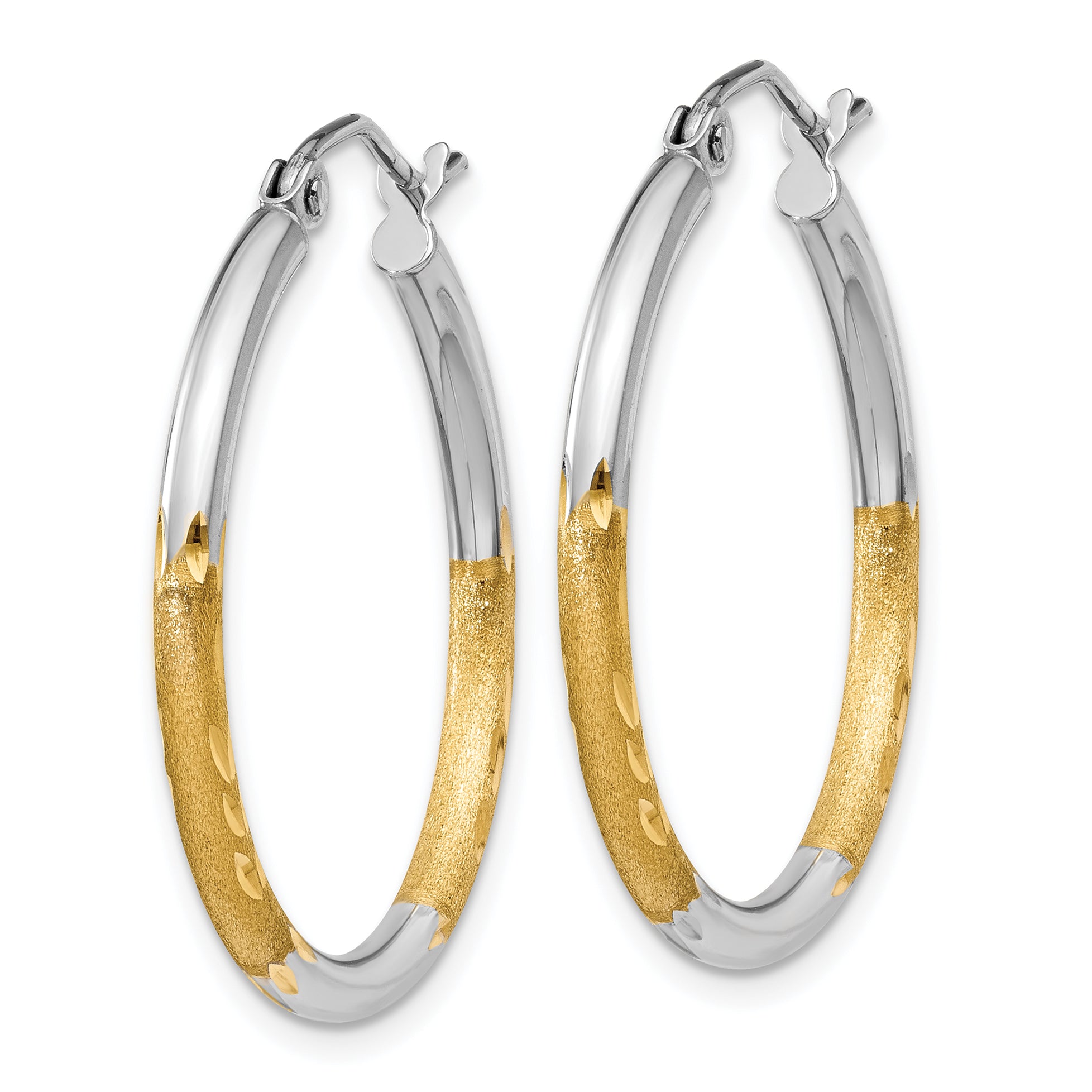 14k w/White Rhodium 2mm Satin and Polished Diamond-cut Hoop Earrings