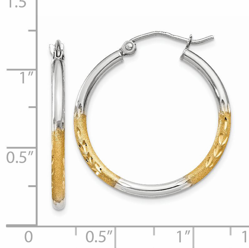 14k w/White Rhodium 2mm Satin and Polished Diamond-cut Hoop Earrings