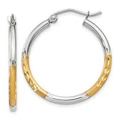 14k w/White Rhodium 2mm Satin and Polished Diamond-cut Hoop Earrings