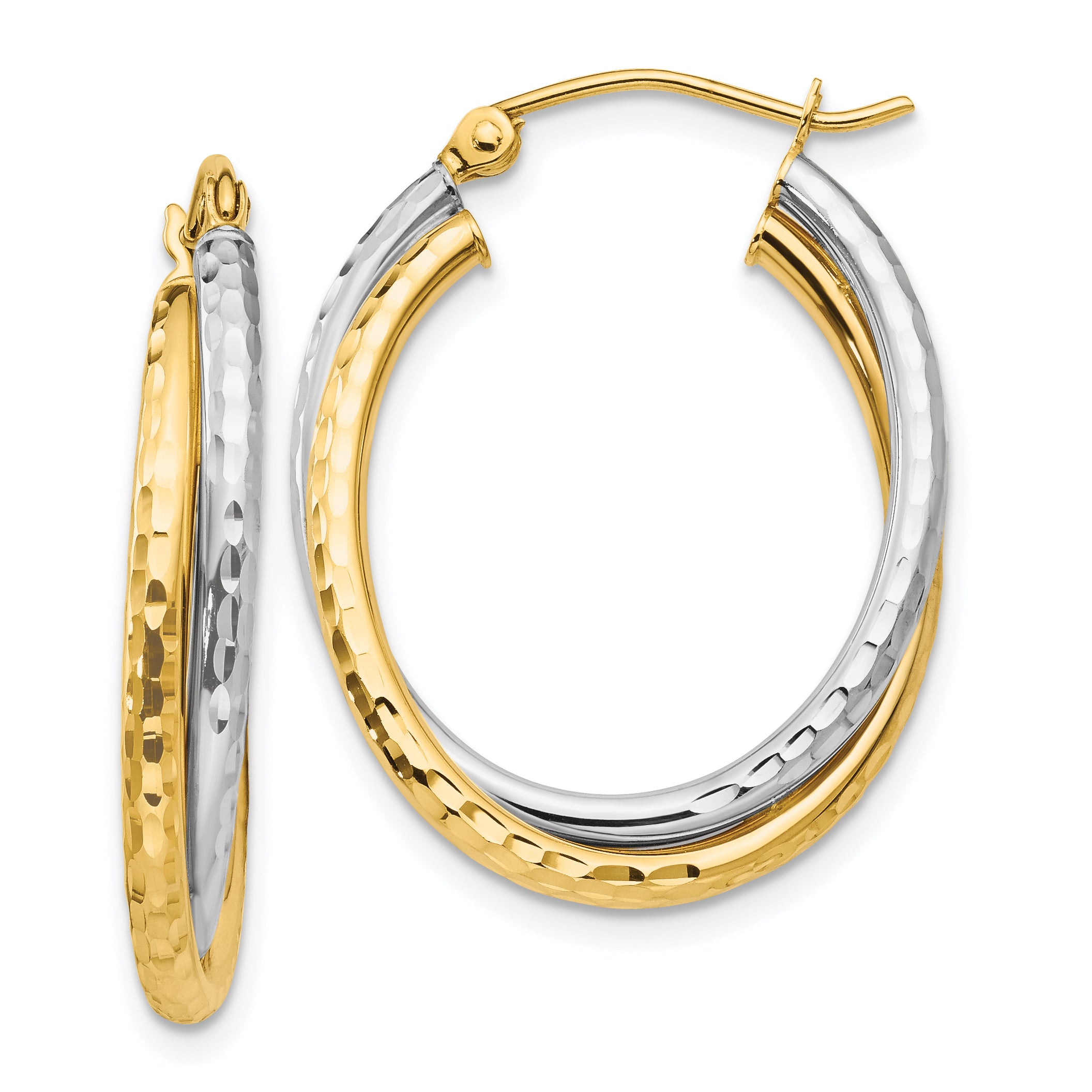 14k Two-tone Diamond-cut Polished Oval Hoop Earring