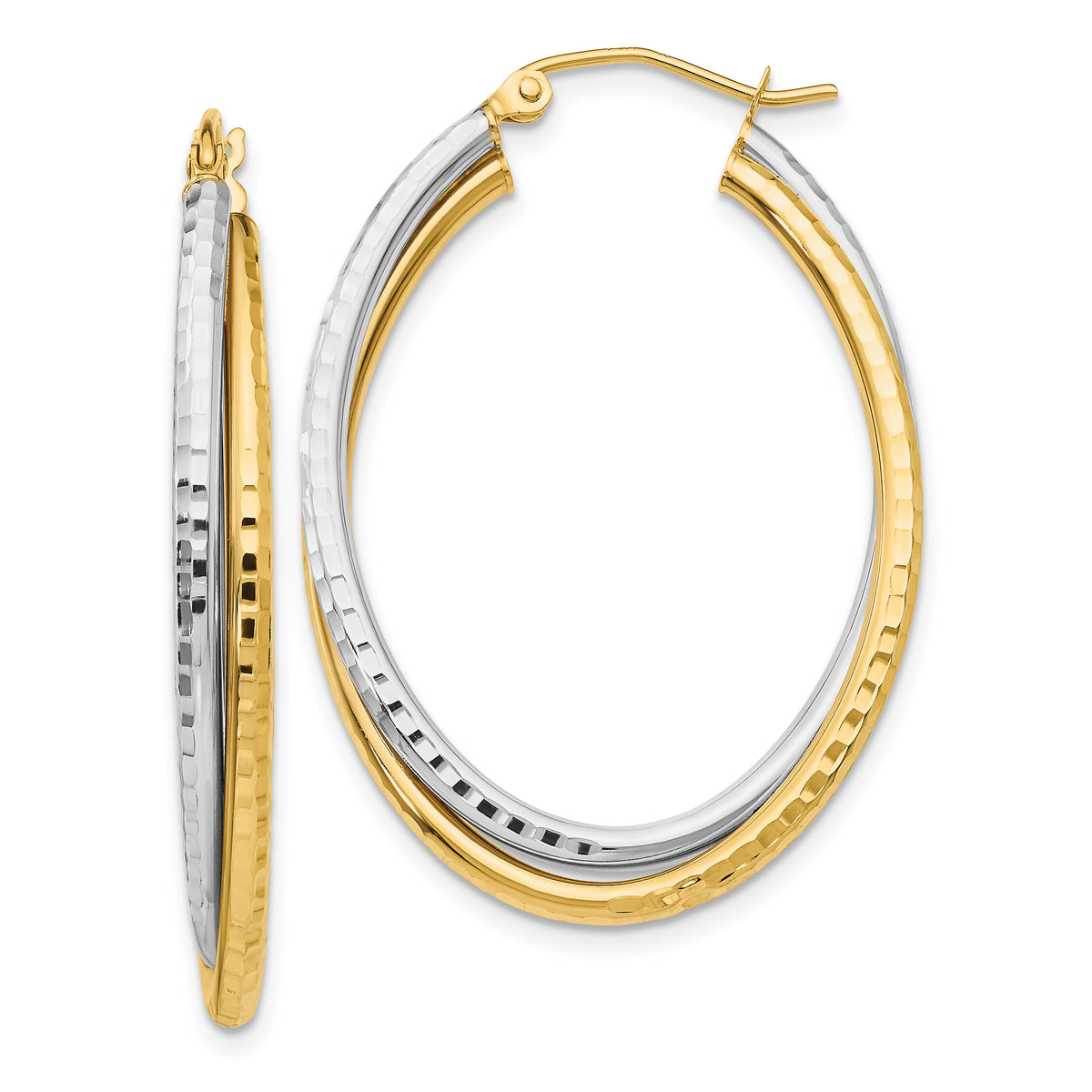 14k Two-tone Diamond-cut Polished Oval Hoop Earring