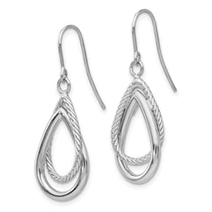 14K White Gold Polished and Textured Teardrop Shepherd Hook Earrings